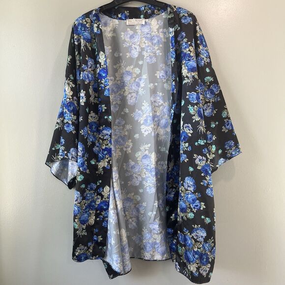 Val-mode Lingerie Black with blue florals satin kimono Robe, size Large - Picture 1 of 15